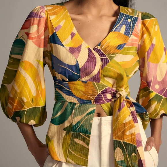 Farm Rio x Anthropologie Colorful Belted Puff Statement Sleeve Wrap Blouse - Picture 2 of 12